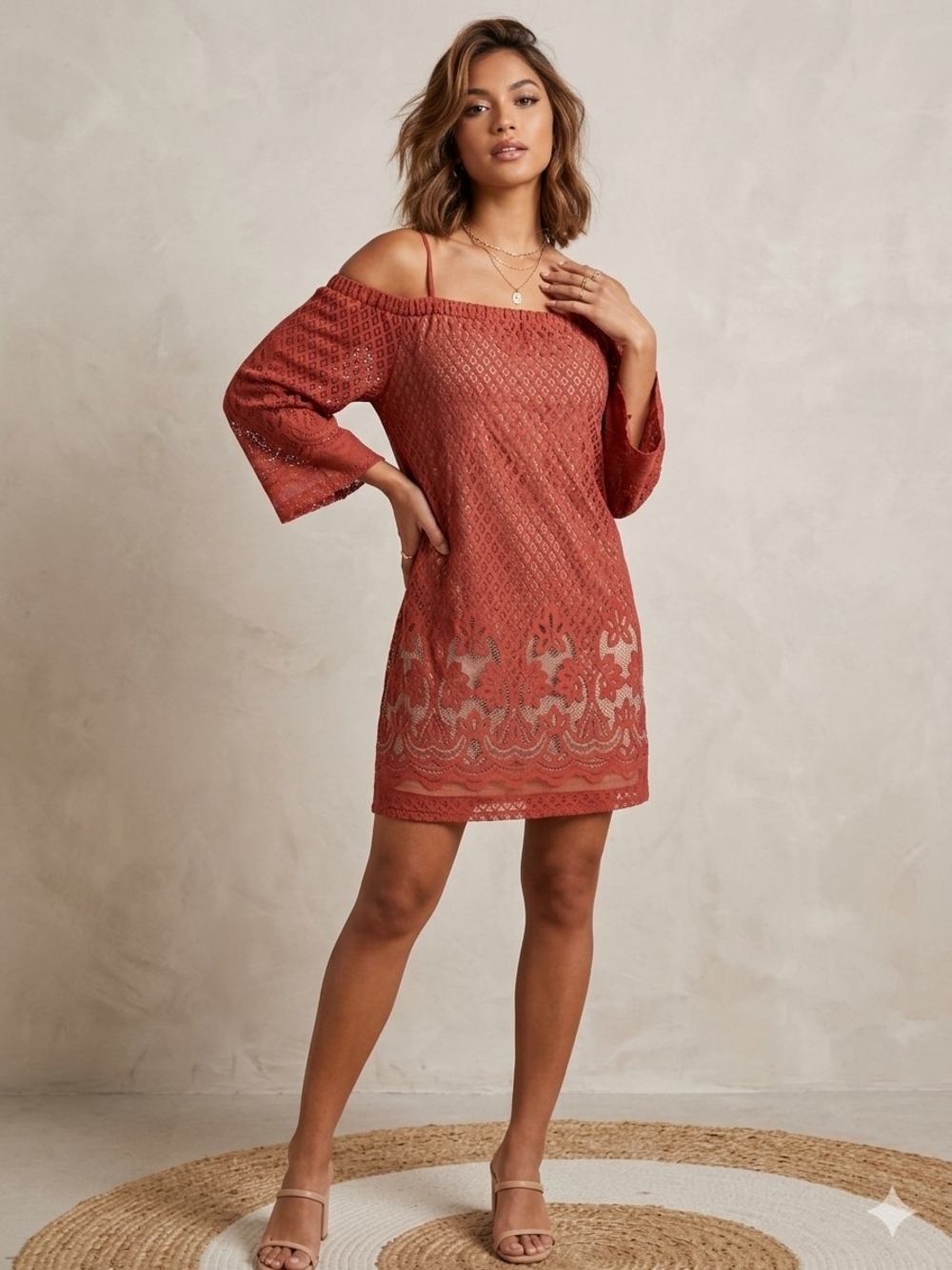 love, Fire Rust-Red Off-Shoulder Mini Dress Romantic Boho Lace M